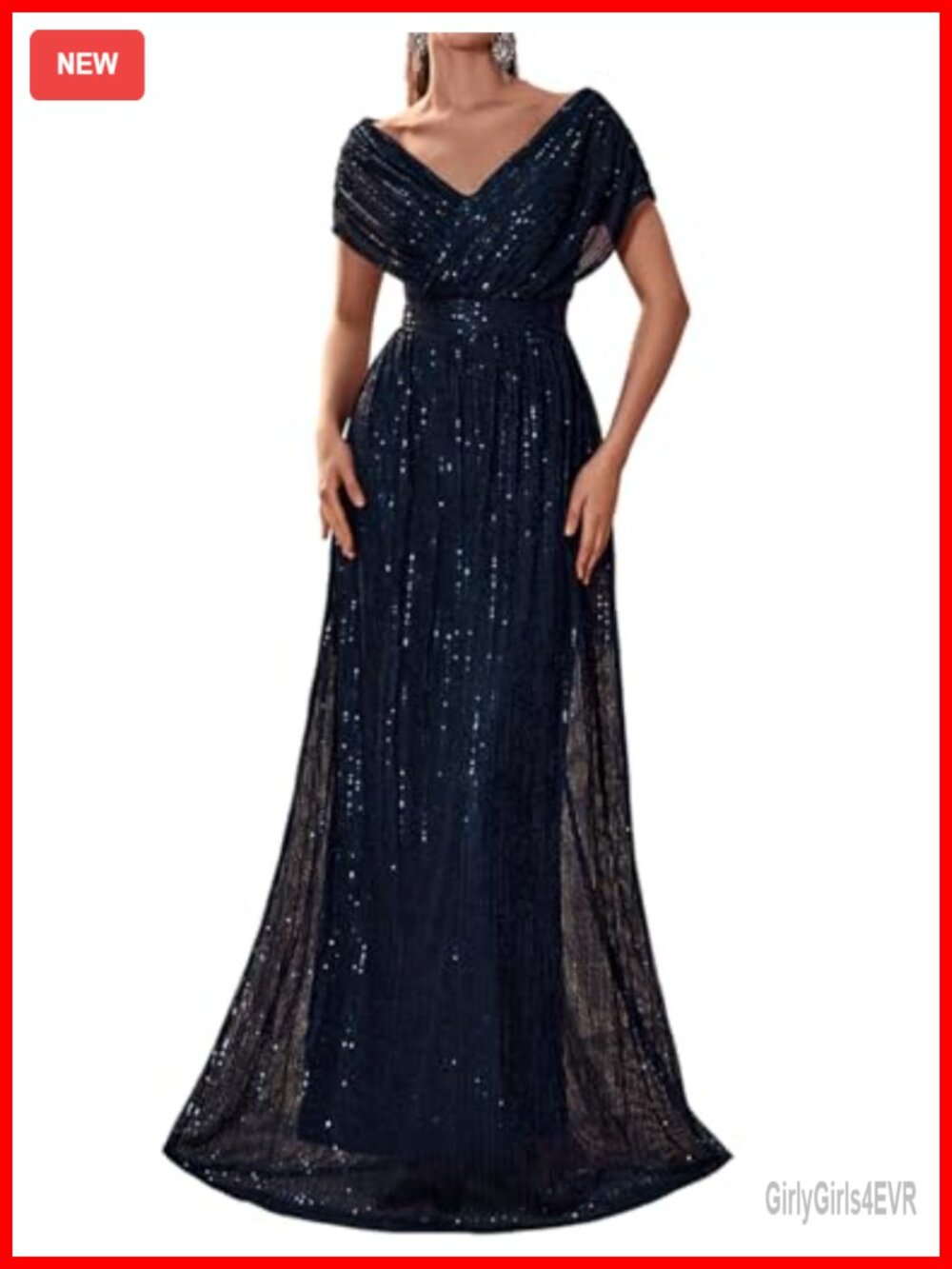 Sequin V-Neck Short Sleeve A-Line Evening Dress Formal Party Gown